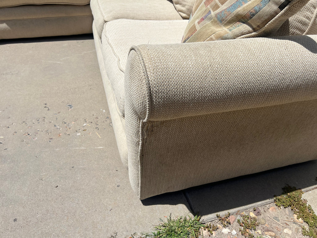Large Beige L-Shaped Comfy Sectional with Throw Pillows