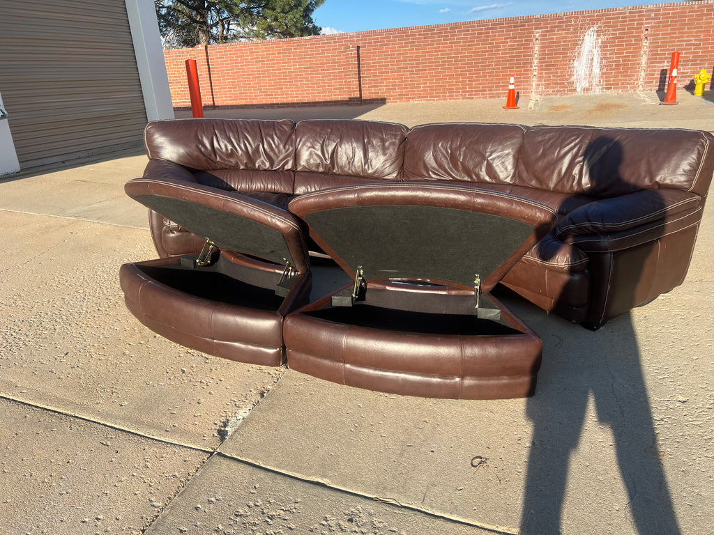 Curved Leather Sectional with 2 Storage Ottomans