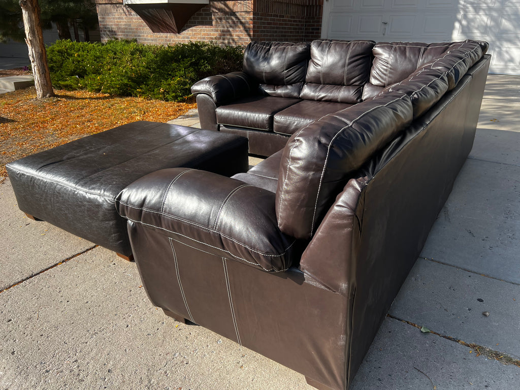 Faux Leather L Shaped Sectional with Ottoman